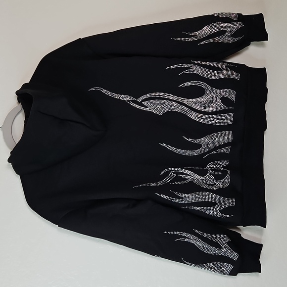 Black Zip-Up Hoodie with Rhinestone Flame Design - Picture 4 of 12
